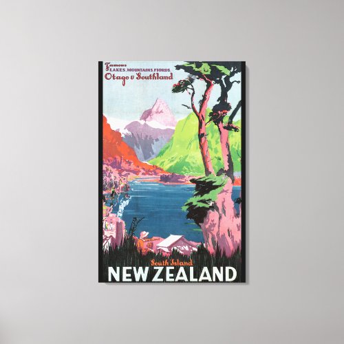 South Island New Zealand Vintage Travel Poster Canvas Print
