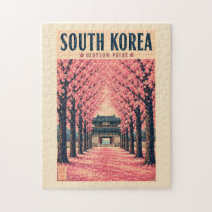 South Korea Cherry Blossom Illustration Travel Art Jigsaw Puzzle