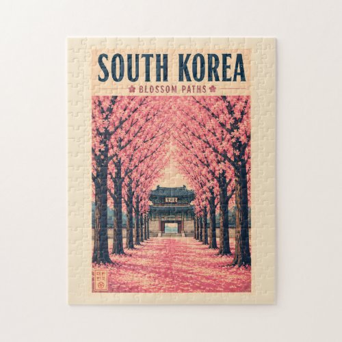 South Korea Cherry Blossom Illustration Travel Art Jigsaw Puzzle