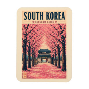 South Korea Cherry Blossom Illustration Travel Art Magnet