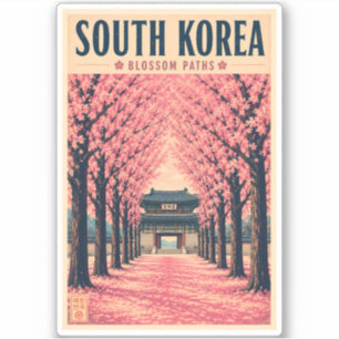 South Korea Cherry Blossom Illustration Travel Art Sticker