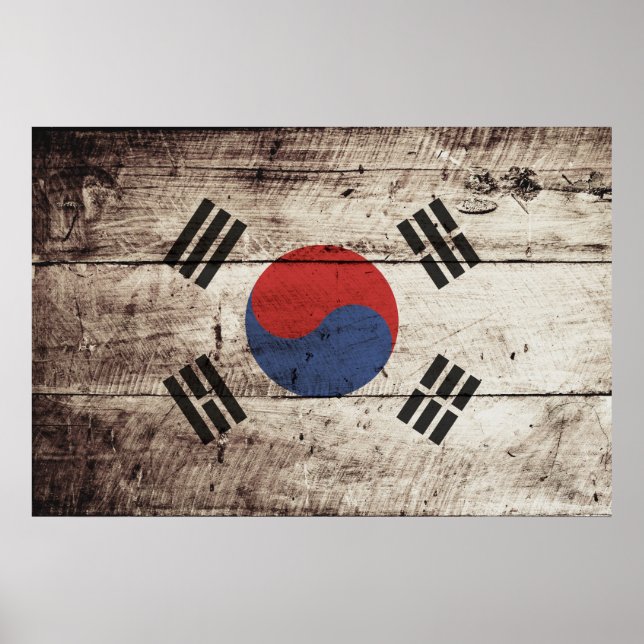 South Korea Flag on Old Wood Grain Poster (Front)