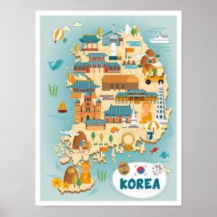 South Korea Map Art Vintage Travel Illustration Poster