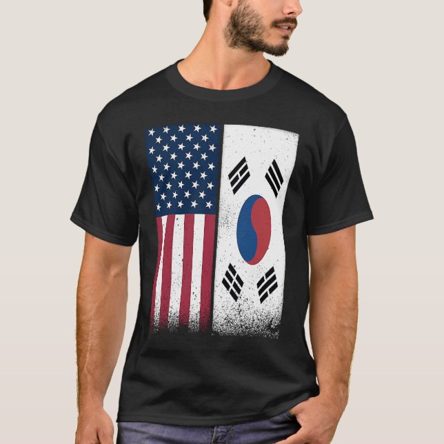 South Korea  South Korean American Flags Proud USA T-Shirt (Front)