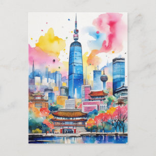 South Korea Watercolor City Travel Postcard