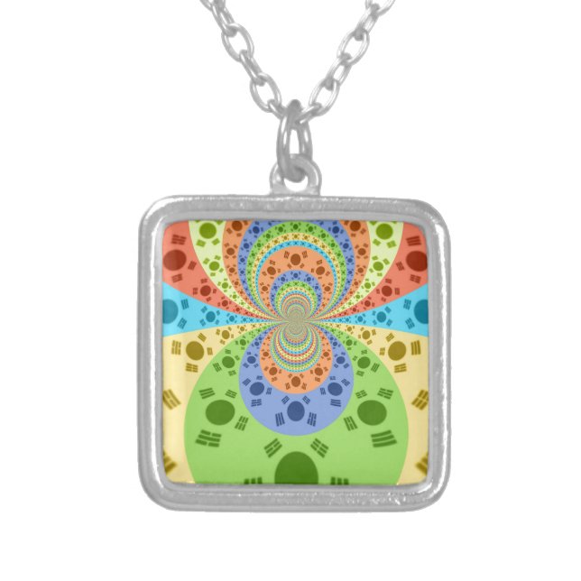 South Korean Flag Inspired Abstract Art Print Silver Plated Necklace (Front)
