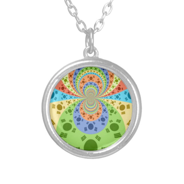 South Korean Flag Inspired Abstract Art Print Silver Plated Necklace (Front)