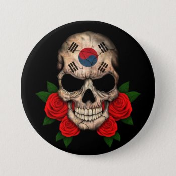 South Korean Flag Skull With Red Roses Button by JeffBartels at Zazzle