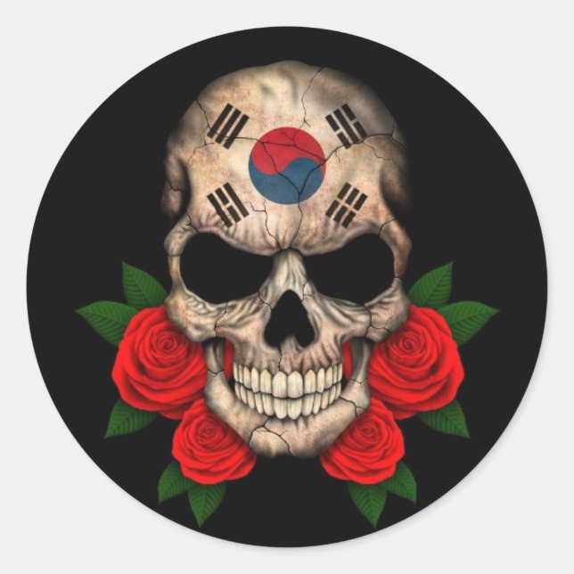 South Korean Flag Skull with Red Roses Classic Round Sticker (Front)