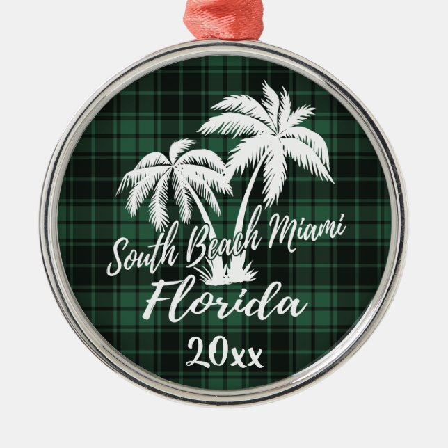 South Miami Beach Florida Palm Tree Green Plaid Metal Ornament (Front)