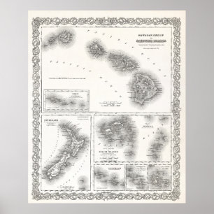 SOUTH PACIFIC & HAWAII ISLANDS MAP 1855 POSTER