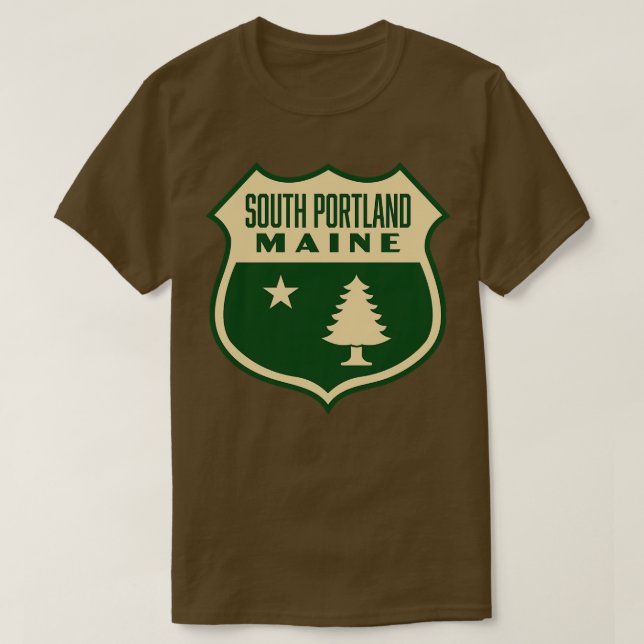 South Portland Maine Retro Pine Tree Shield Tan T-Shirt (Design Front)