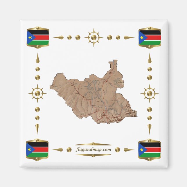 South Sudan Map + Flags Magnet (Front)