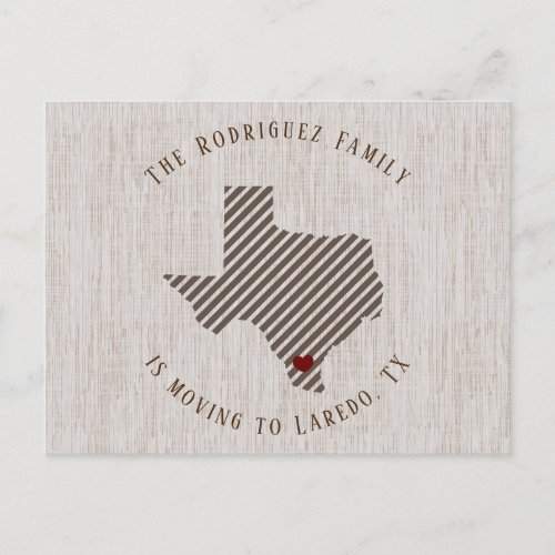 South Texas Brown Linen and Heart Texas Moving Announcement Postcard