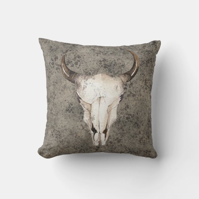 South-West Rustic Ranch Skull Brown Splatter Throw Pillow (Front)
