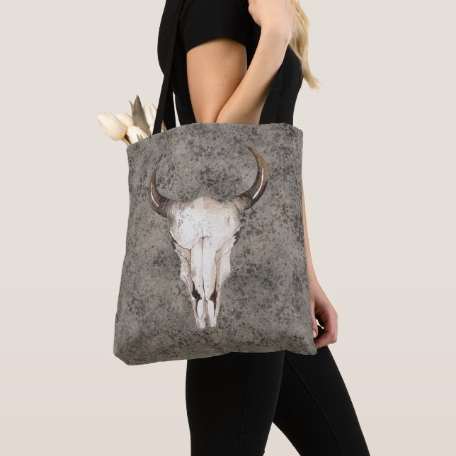 South-West Rustic Ranch Skull Brown Splatter Tote Bag (Close Up)