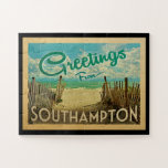Southampton Beach Vintage Travel Jigsaw Puzzle<br><div class="desc">This Greetings From Southampton vintage postcard design features a sandy beach with a beautiful turquoise ocean water and above the sea,  a blue sky with billowy white clouds. In vintage travels style.</div>