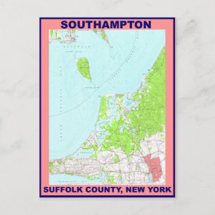 Southampton Village NY Vintage Map ca. 1956 Postcard