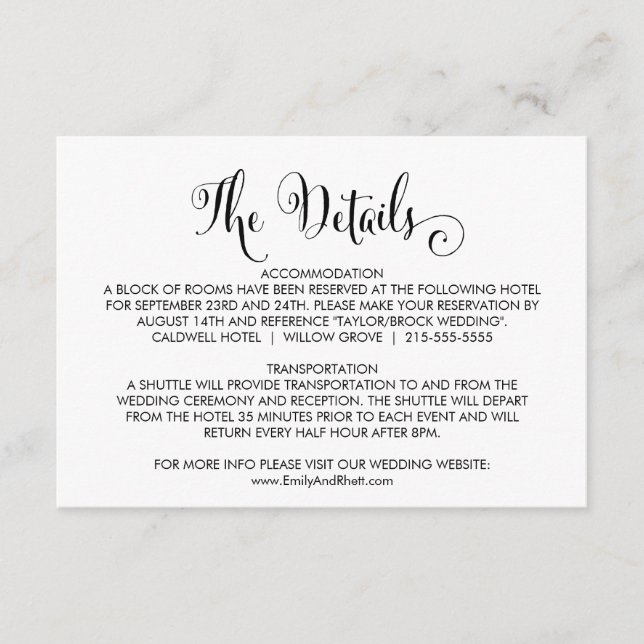 Southern Belle Calligraphy Wedding Details Card (Front)