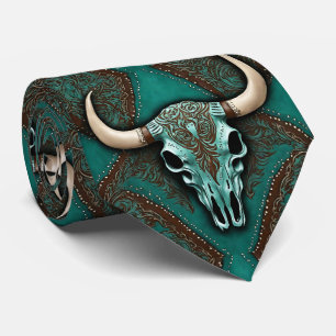 Southern Brown Teal Western Country Bull Skull Neck Tie