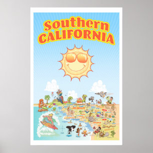Southern California Cartoon Map Poster