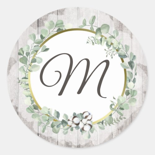 Southern Cotton Rustic Wood Wedding Custom Initial Classic Round Sticker