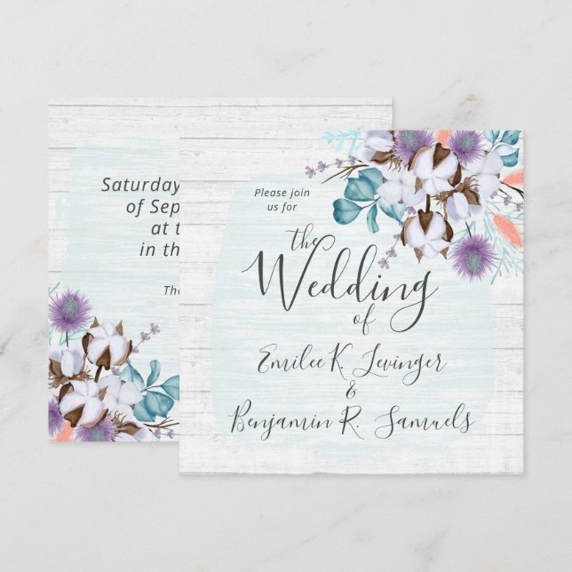 Southern Country Cotton Boll Botanical Rustic Wood Invitation (Front/Back)