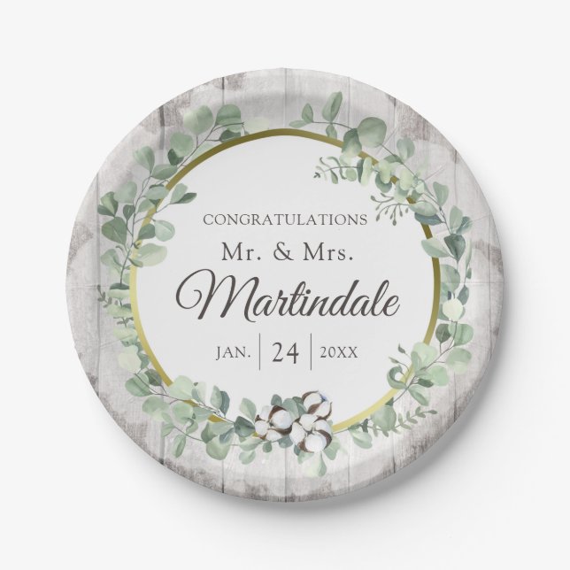 Southern Country Cotton Boll Botanical Rustic Wood Paper Plates (Front)