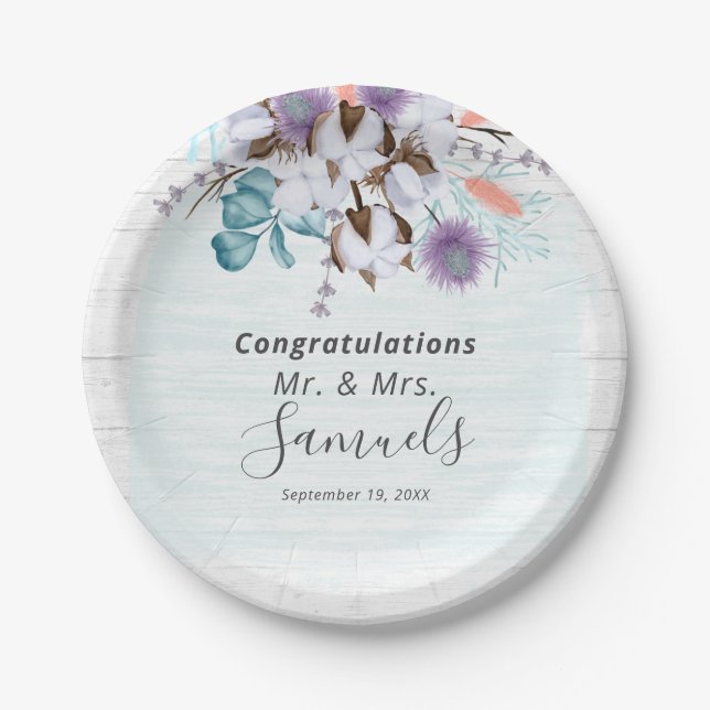 Southern Country Cotton Boll Botanical Rustic Wood Paper Plates (Front)