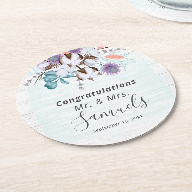 Southern Country Cotton Boll Botanical Rustic Wood Round Paper Coaster (Angled)