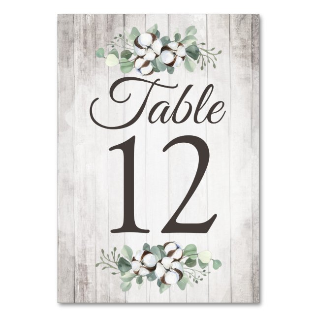 Southern Country Cotton Boll Botanical Rustic Wood Table Number (Front)