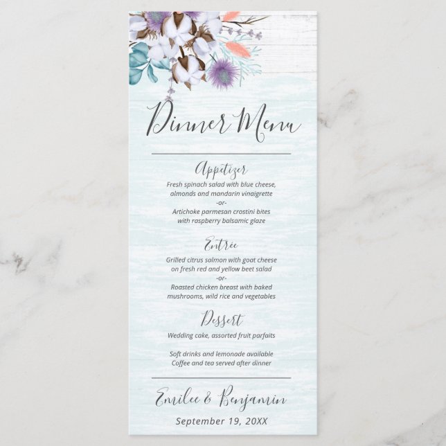 Southern Country Cotton Boll Rustic Wedding Dinner Menu (Front)