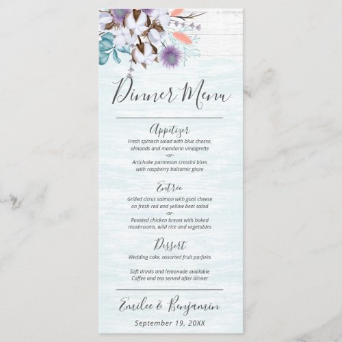 Southern Country Cotton Boll Rustic Wedding Dinner Menu