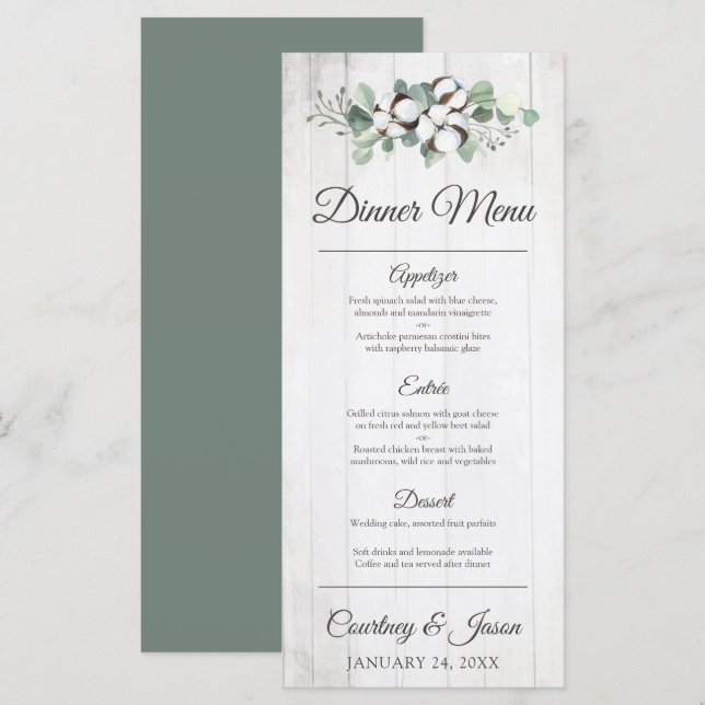 Southern Country Cotton Boll Rustic Wedding Dinner Menu (Front/Back)