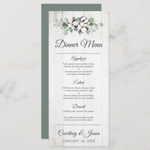 Southern Country Cotton Boll Rustic Wedding Dinner Menu