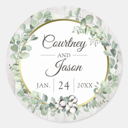 Southern Country Cotton Boll Rustic Wood Wedding Classic Round Sticker