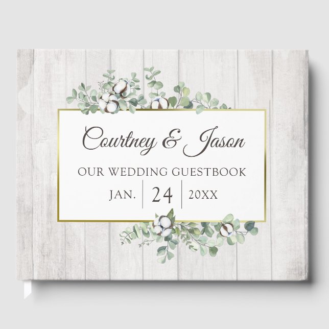 Southern Country Cotton Boll Rustic Wood Wedding Guest Book (Front)