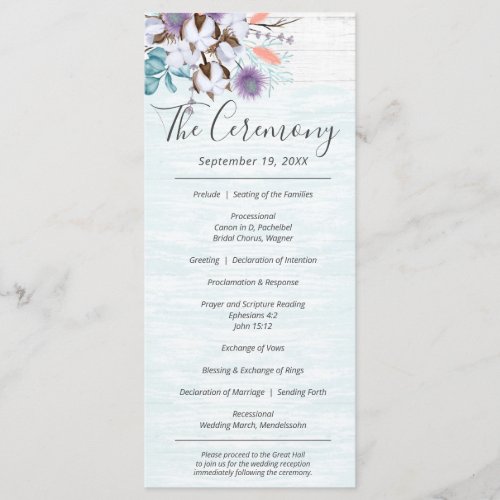 Southern Country Cotton Boll Rustic Wood Wedding Program