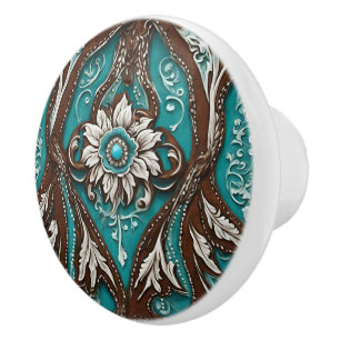 Southern Cowgirl Brown Turquoise Western Country  Ceramic Knob