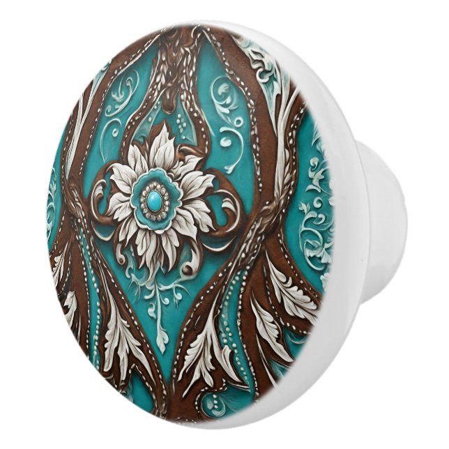 Southern Cowgirl Brown Turquoise Western Country  Ceramic Knob (Right)