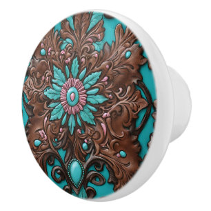 Southern Cowgirl Brown Turquoise Western Country Ceramic Knob