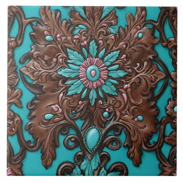 Southern Cowgirl Brown Turquoise Western Country  Ceramic Tile (Front)