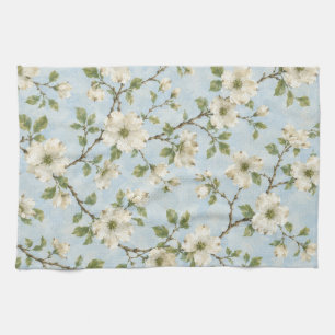 Southern Dogwood Blossom Pattern on Soft Blue Kitchen Towel