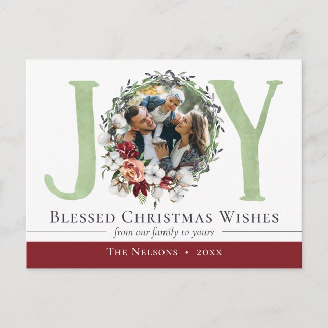 Southern Floral Cotton Christmas Joy Holiday Photo Postcard (Front)