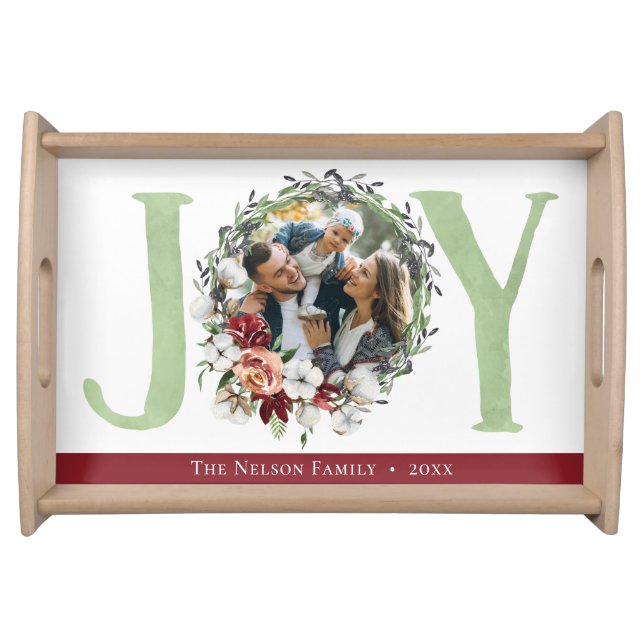 Southern Floral Cotton Christmas Joy Holiday Photo Serving Tray (Front)