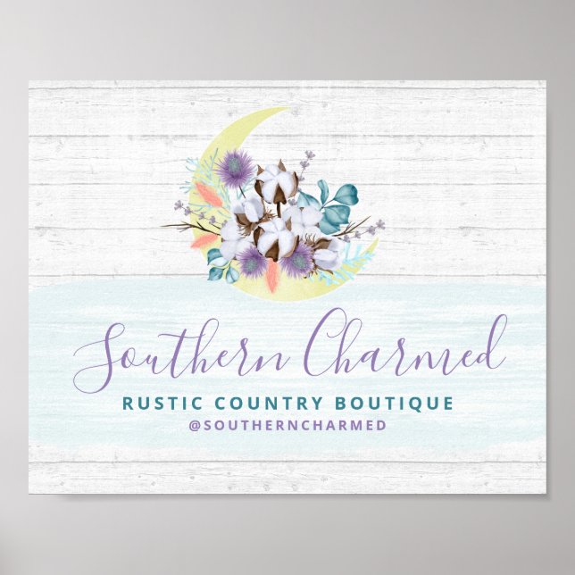 Southern Floral Cotton Moon & Rustic Wood Country Poster (Front)
