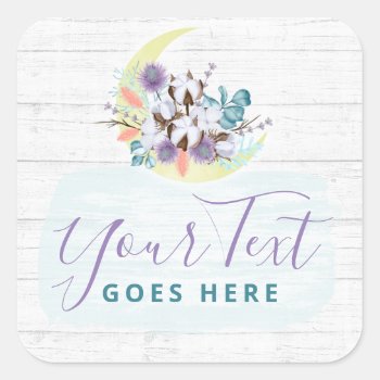 Southern Floral Cotton Moon & Rustic Wood Country Square Sticker by CyanSkyDesign at Zazzle