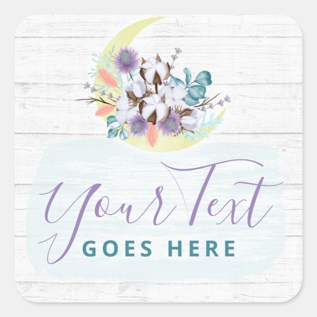 Southern Floral Cotton Moon & Rustic Wood Country Square Sticker (Front)