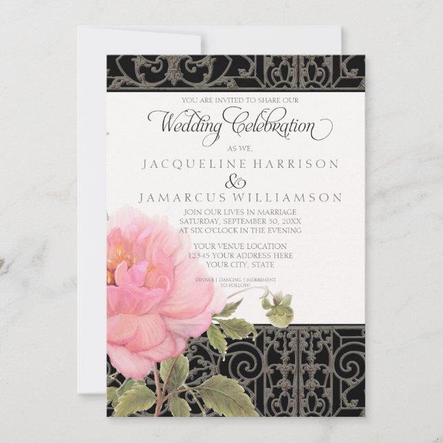 Southern Floral Wedding Pink Peonies n Iron Fence Invitation (Front)