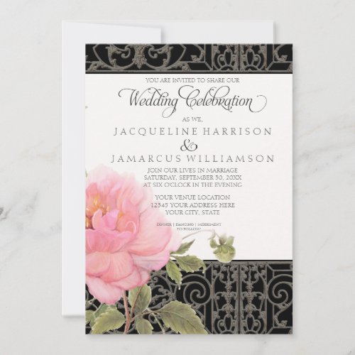 Southern Floral Wedding Pink Peonies n Iron Fence Invitation